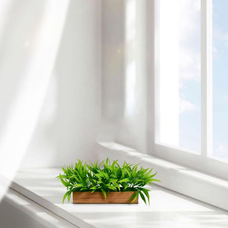 DecoreBugs Artificial Plant Bamboo Leaves in Wooden Rectangular Tray, Faux Desk Plant in Pot for Indoor Home Office Any Room Decor, Width 20cm x Height 12cm - Image 3