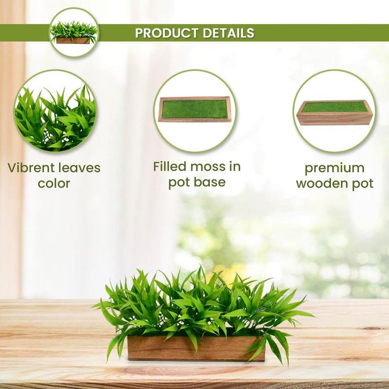 DecoreBugs Artificial Plant Bamboo Leaves in Wooden Rectangular Tray, Faux Desk Plant in Pot for Indoor Home Office Any Room Decor, Width 20cm x Height 12cm - Image 5