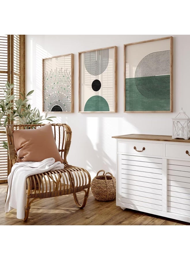 Home Trove Mid Century Modern Wall Art Prints Boho Green Canvas Wall Decor Artwork Abstract Pictures Neutral Geometric Wall Art Minimalist Beige Painting Set Of 3 For Living Room Bedroom 12X16 Inch Unframed  - Image 1