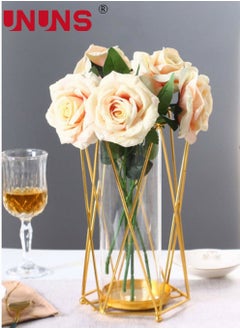 UNUNS Gold Flower Vase Metal Stand Glass Geometric Decor Vase,Crystal Transparent Inner Vase,Modern Large Vase Suitable Floral Home Wedding Office Centerpiece,9.7 inch Height  - Image 1