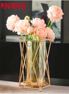 UNUNS Gold Flower Vase Metal Stand Glass Geometric Decor Vase,Crystal Transparent Inner Vase,Modern Large Vase Suitable Floral Home Wedding Office Centerpiece,9.7 inch Height  - Image 2