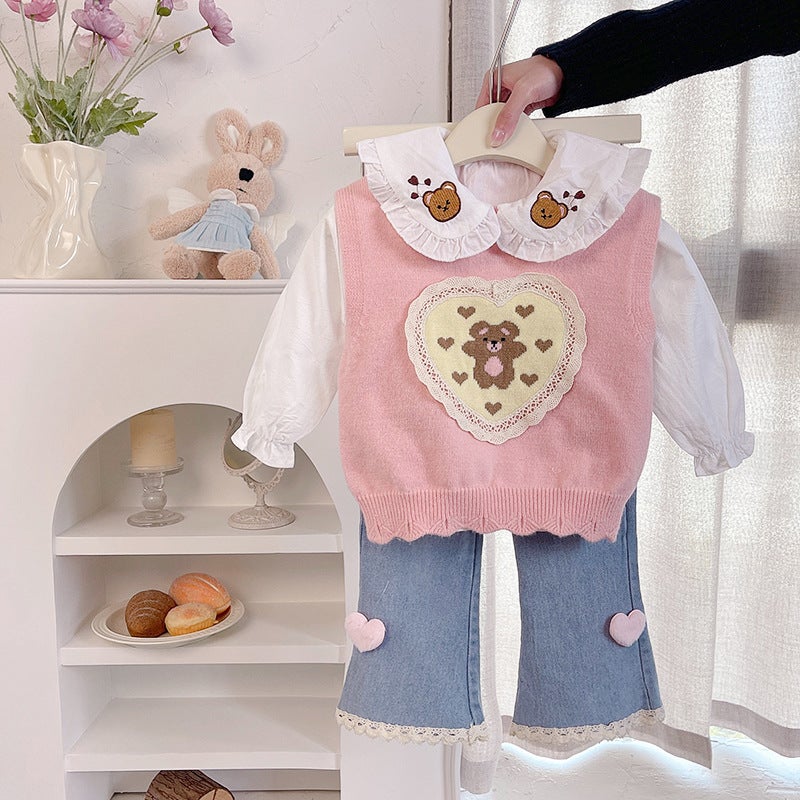 Girls suit Spring 2025 New Style Bag Shirt Vest Childrens Pants Spring and Autumn Childrens Three-Piece Set Pink