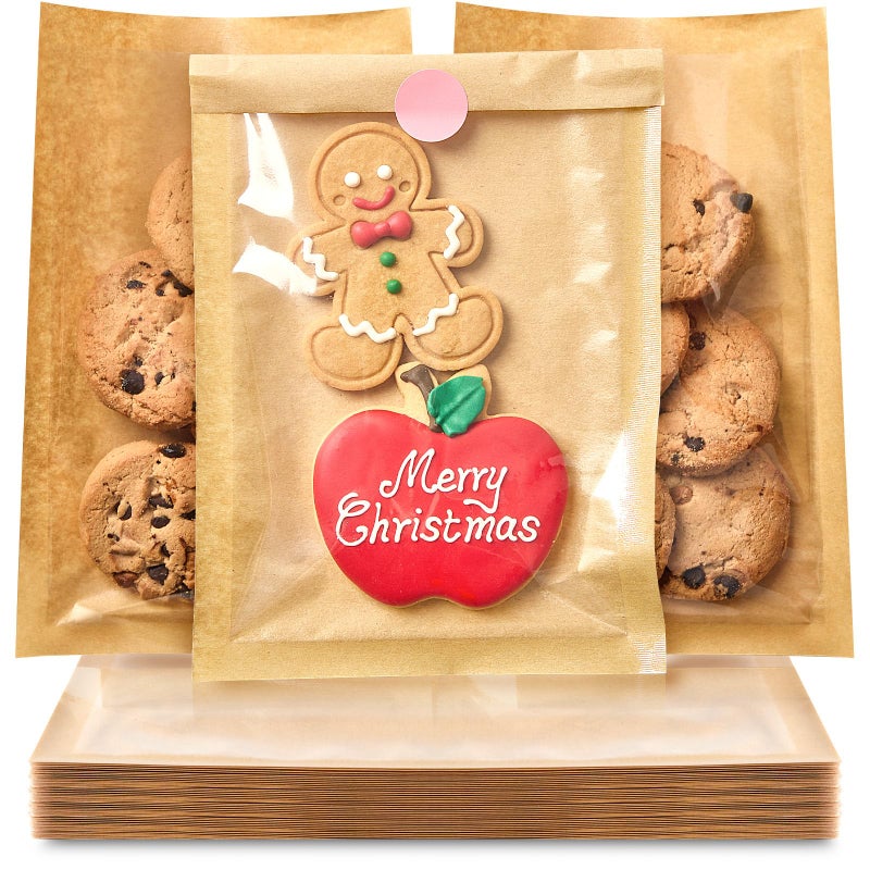Ocmoiy 100 Pcs Clear Front Paper Cookie Bags with Seal HeatSealable  GreaseResistant 51x75 Inches Brown Bakery Bags with Window Small Treat Bags Cookies Packaging Favor Bags 100