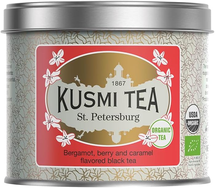 KUSMI TEA شاي كوسمي سانت بطرسبرغ العضوي الأسود إيرل غراي بنكهة البرغموت والفواكه الحمراء والكراميل - 100 جرام في علبة معدنية - Image 1