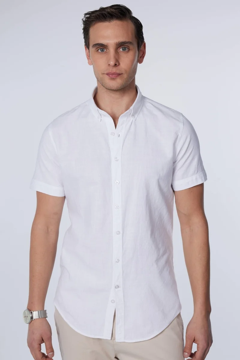 تودورس Slim Fit Short Sleeve Button Collar Plain Summer Linen Effect White Men's Shirt