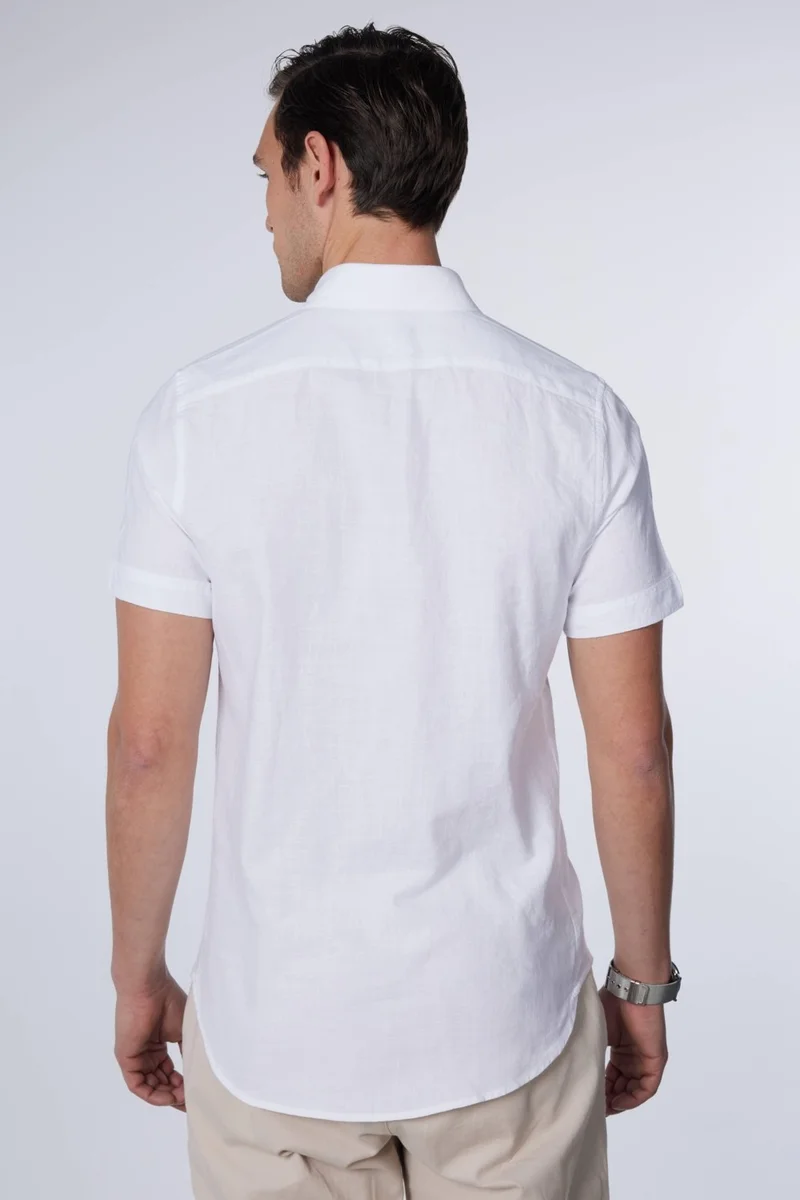 تودورس Slim Fit Short Sleeve Button Collar Plain Summer Linen Effect White Men's Shirt