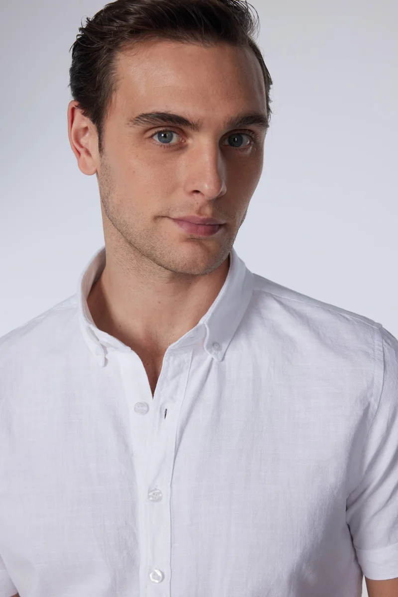 تودورس Slim Fit Short Sleeve Button Collar Plain Summer Linen Effect White Men's Shirt