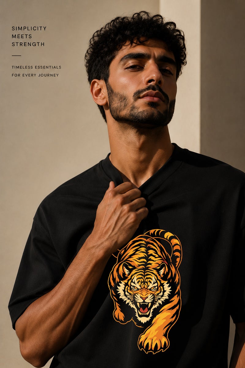 Men's Black Tiger Graphic T-Shirt Oversized Casual Short Sleeve Crew Neck Streetwear Tee - Image 5
