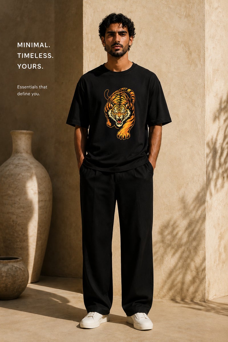 Men's Black Tiger Graphic T-Shirt Oversized Casual Short Sleeve Crew Neck Streetwear Tee - Image 2