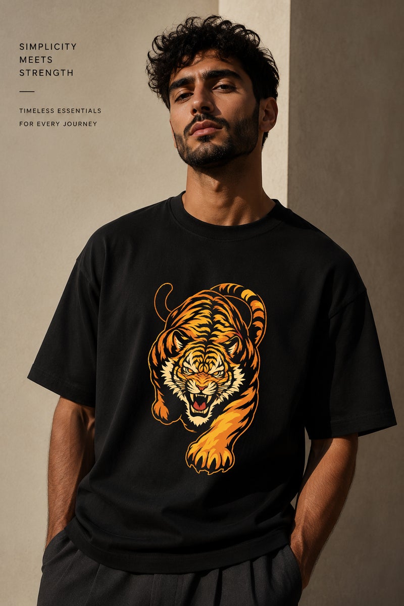 Men's Black Tiger Graphic T-Shirt Oversized Casual Short Sleeve Crew Neck Streetwear Tee - Image 1