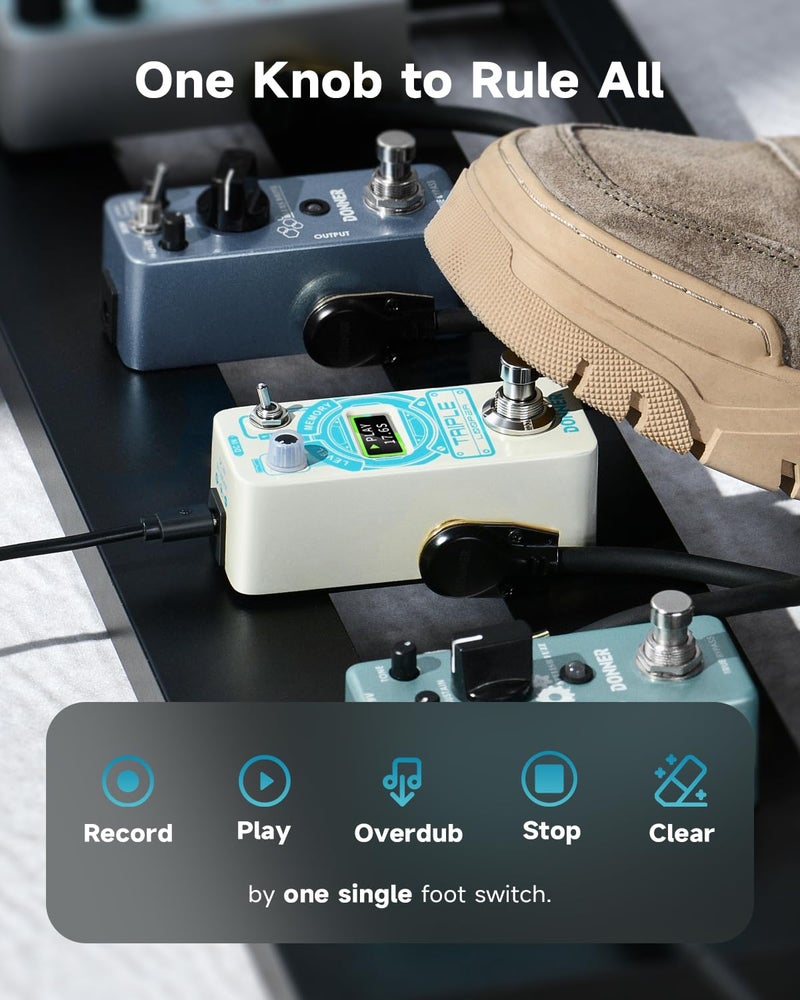 Donner Triple Looper Guitar Pedal, 90 mins Looping Time Loop Pedal with Screen, 3 Loops Looper Pedal with Unlimited Overdubs Undo/Redo - Image 5