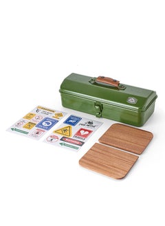 General Outdoor Tool Storage Box Portable Camping Picnic Suitcase Metal Tool Storage Box Sundries Storage Box with Handle (Green Toolbox No Printing + Handguard + Small Sticker + Wooden Board + Inner Lining + Large Sticker)  - Image 1