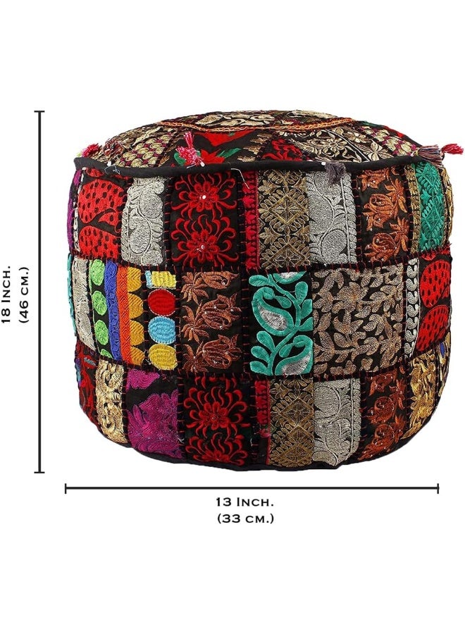 Aakriti Gallery Indian Pouf Footstool Ethnic Embroidered Pouf Cover, Indian Cotton Round Pouffe Ottoman Pouf Cover Pillow Ethnic Decor Art - Cover Only (Black, 18X13) - Image 3