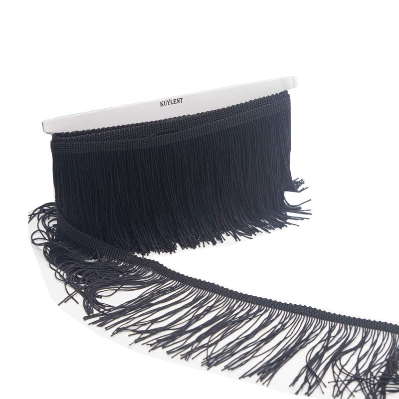 KUYLENT 65 Yard 4 Inches Polyester Fringe Trim Lace Tassel Fringe Trimming for Latin Dress Stage Clothes Lamp Shade Decoration DIY Black