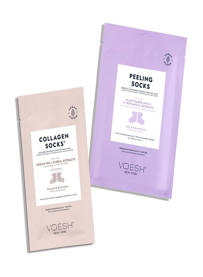VOESH Collagen & Peeling Socks Duo, Peeling Socks, Collagen Socks, Foot Peel, Moisturizing Spa Socks, Foot Mask, Foot Exfoliator, Foot Care, Vegan - Image 1