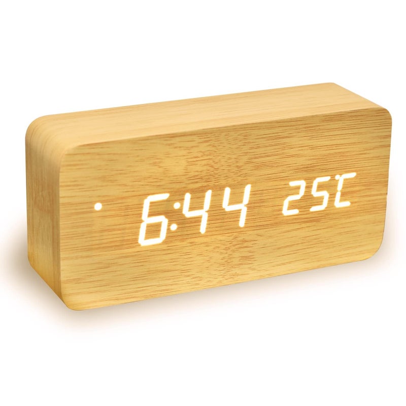 Mini Black Wood Grain White LED Light Alarm Clock with Time and Temperature Display & Sound Control -(Bamboo Wood + White Light) - Image 1