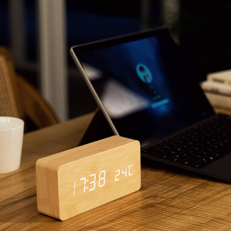 Mini Black Wood Grain White LED Light Alarm Clock with Time and Temperature Display & Sound Control -(Bamboo Wood + White Light) - Image 3