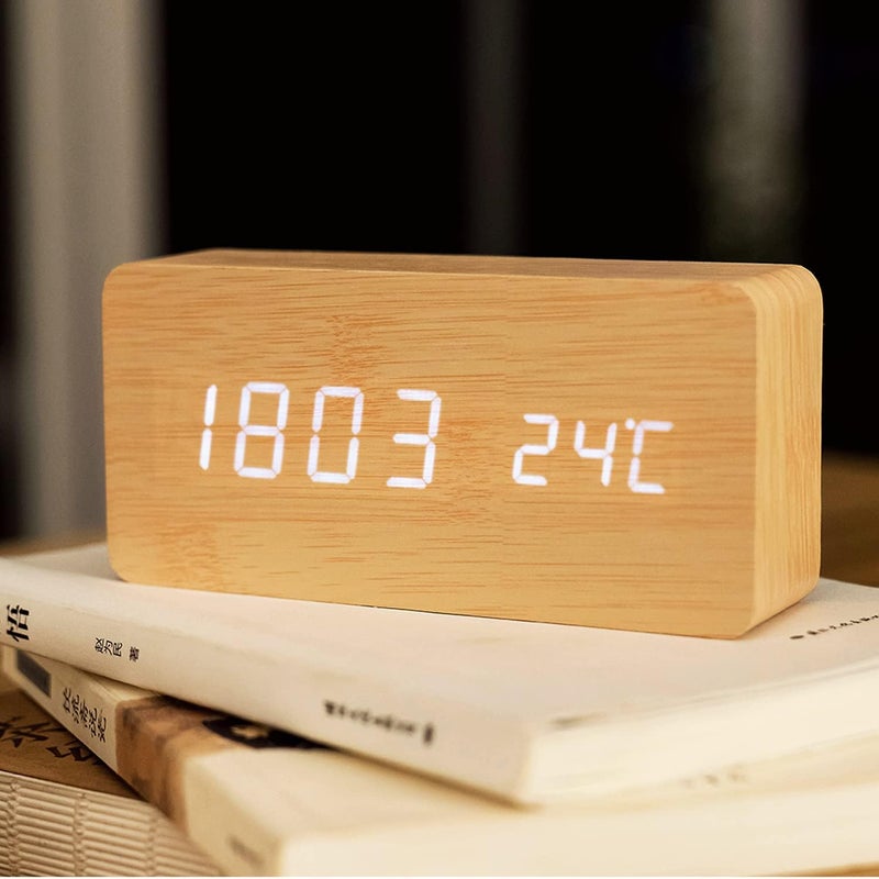 Mini Black Wood Grain White LED Light Alarm Clock with Time and Temperature Display & Sound Control -(Bamboo Wood + White Light) - Image 2