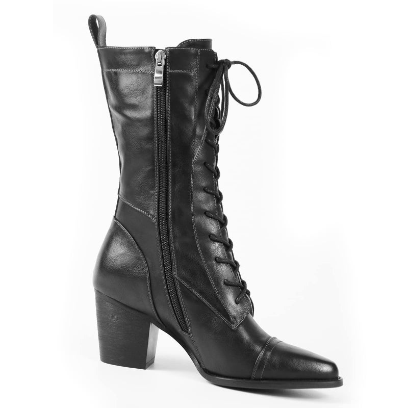 UTIKLIOU Black Mid-Calf Combat Boots Leather Combat Boots Side Zipper Winter Boot for Women (Black size 11) - Image 3