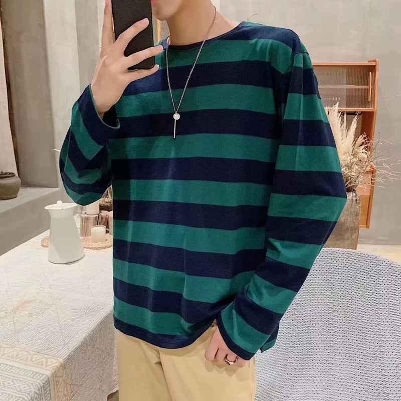 American-Style Cityboy Striped T-Shirt Ins Men'S And Women'S Trendy Loose Long-Sleeved Top Lazy Style Sweater Inner Base Shirt - Image 1