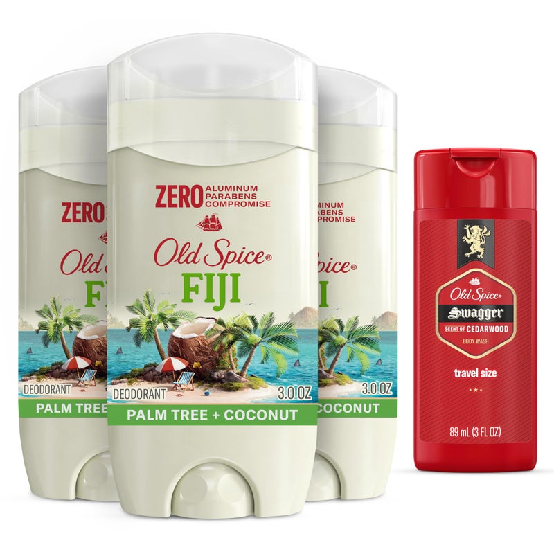 Old Spice Aluminum Free Deodorant for Men, 24/7 Long Lasting Freshness, 24/7 Sweat & Odor Protection, Fiji with Palm Tree Scent Deodorant with Travel-Size Swagger Scent Body Wash, 3 oz (Pack of 3) - Image 1