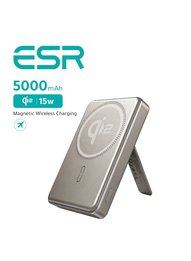 اي اس ار ESR بطارية شحن ماج سيف متنقلة 5000mAh (Qi2 معتمد) شحن لاسلكي سريع 15 واط، مع مسند قابل للطي، شاحن MagSlim بقوة 20 واط، تيتانيوم 5000 mAh - Image 1