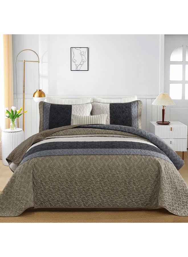 Cottolester King Size Quilt Set 3 Pieces,Striped Plaid Bedspread Coverlet Set,Taupe Boho Bedding Set Soft Microfiber Bedding Set with 2 Pillow Shams 110"x90" - Image 2