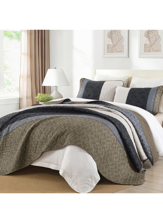 Cottolester King Size Quilt Set 3 Pieces,Striped Plaid Bedspread Coverlet Set,Taupe Boho Bedding Set Soft Microfiber Bedding Set with 2 Pillow Shams 110"x90" - Image 3