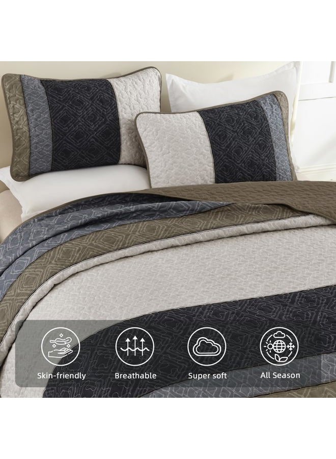 Cottolester King Size Quilt Set 3 Pieces,Striped Plaid Bedspread Coverlet Set,Taupe Boho Bedding Set Soft Microfiber Bedding Set with 2 Pillow Shams 110"x90" - Image 4