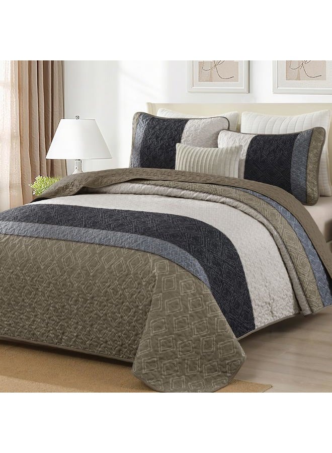 Cottolester King Size Quilt Set 3 Pieces,Striped Plaid Bedspread Coverlet Set,Taupe Boho Bedding Set Soft Microfiber Bedding Set with 2 Pillow Shams 110"x90" - Image 1