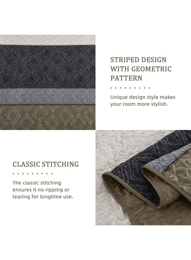 Cottolester King Size Quilt Set 3 Pieces,Striped Plaid Bedspread Coverlet Set,Taupe Boho Bedding Set Soft Microfiber Bedding Set with 2 Pillow Shams 110"x90" - Image 5