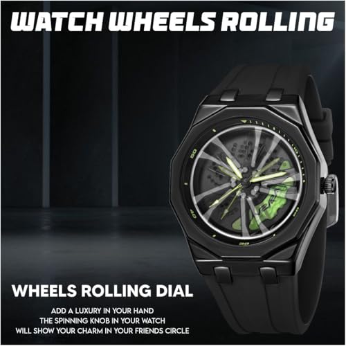 V2A New Spinning Car Wheel Men’s Alloy Case Silicon Band Watch – Octagonal Sport Design with Rotating Wheel Dial, Silicone Strap, Racing-Inspired Analog Timepiece (Black-Green) - Image 5