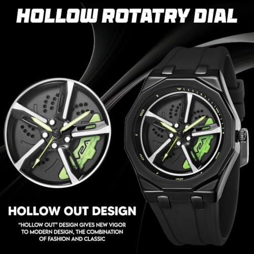 V2A New Spinning Car Wheel Men’s Alloy Case Silicon Band Watch – Octagonal Sport Design with Rotating Wheel Dial, Silicone Strap, Racing-Inspired Analog Timepiece (Black-Green) - Image 4