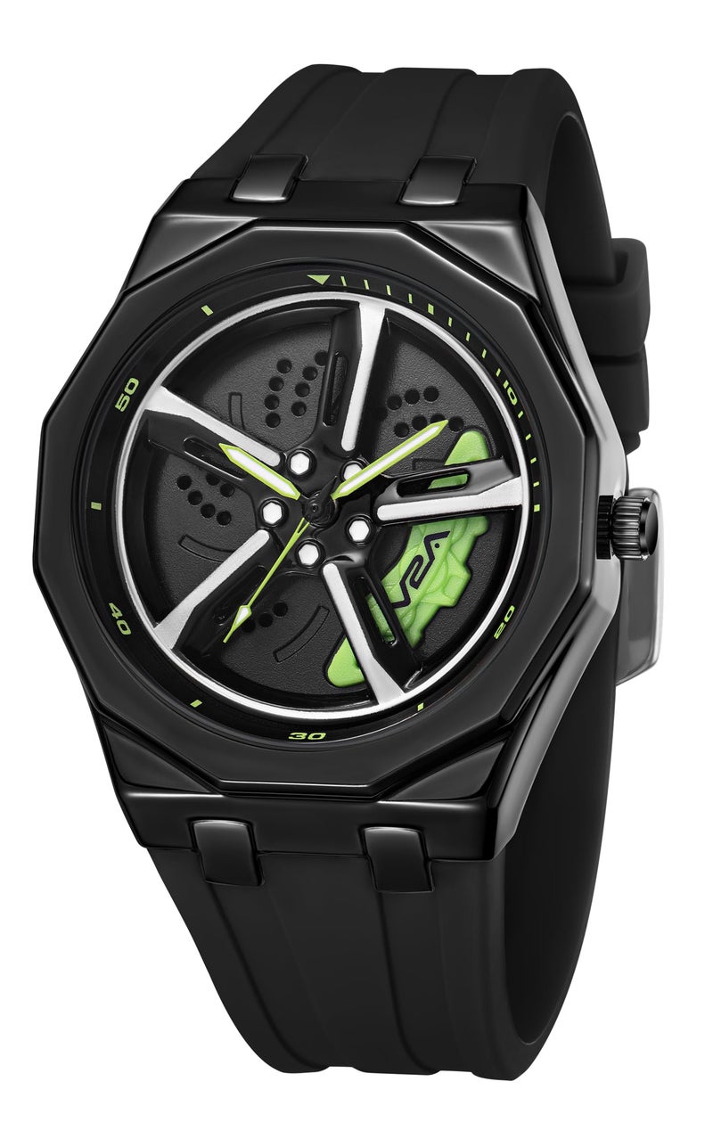 V2A New Spinning Car Wheel Men’s Alloy Case Silicon Band Watch – Octagonal Sport Design with Rotating Wheel Dial, Silicone Strap, Racing-Inspired Analog Timepiece (Black-Green) - Image 1