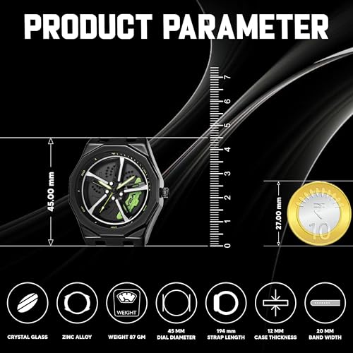 V2A New Spinning Car Wheel Men’s Alloy Case Silicon Band Watch – Octagonal Sport Design with Rotating Wheel Dial, Silicone Strap, Racing-Inspired Analog Timepiece (Black-Green) - Image 2