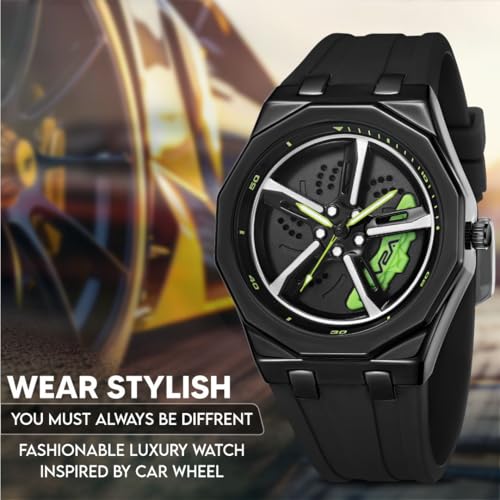 V2A New Spinning Car Wheel Men’s Alloy Case Silicon Band Watch – Octagonal Sport Design with Rotating Wheel Dial, Silicone Strap, Racing-Inspired Analog Timepiece (Black-Green) - Image 3