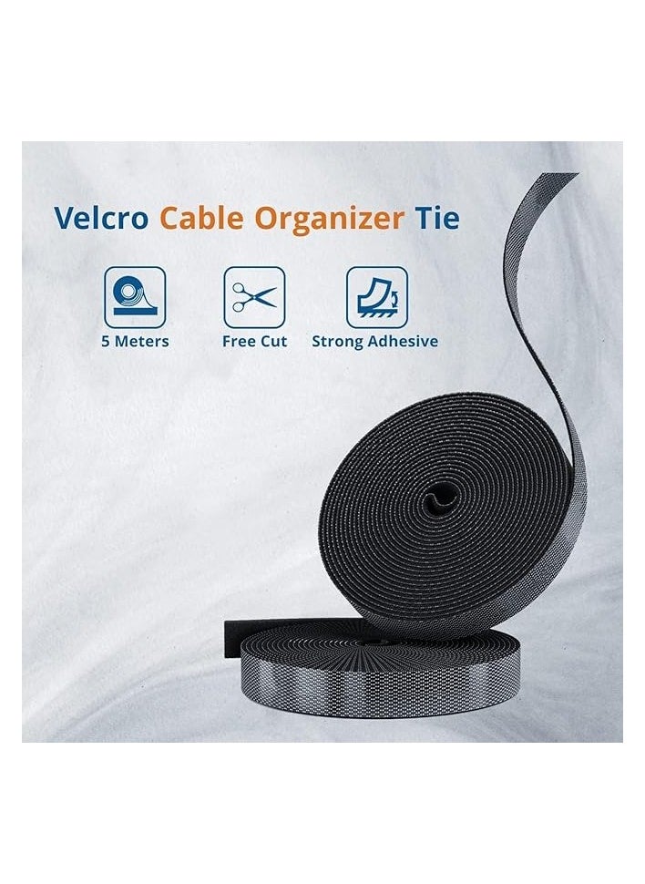 1 Roll 5M Cable Tidy Management Fastening Tape Sticky Strips Hook Loop Reusable Flexible Wire Ties Cable Organiser for Computer, TV, Power and Promass Cables