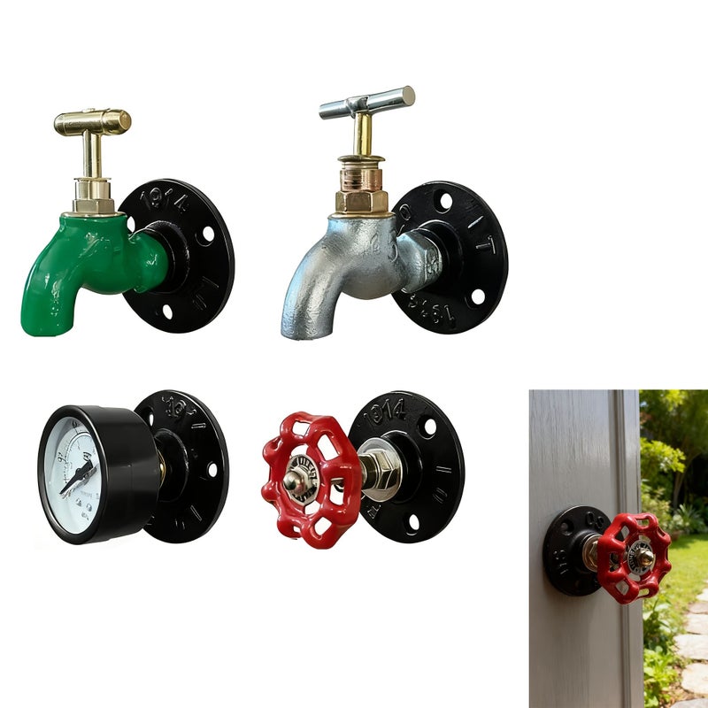 1pc Silvery Faucet And 2pcs Black Industrial Style Vintage Valve Door Handle Set With Screws Pressure Gauge Fire Hydrant Shaped Door Knob Creative Home Decor Hardware Accessory Drawer Handle - Image 2