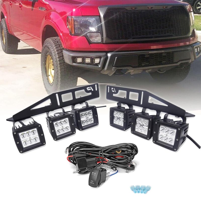 6x 3 LED Cube Fog light Pod Hidden Bumper Triple Foglamp Mounting Bracket wRocker Switch Wiring Kit Compatible with Ford Raptor 20172020