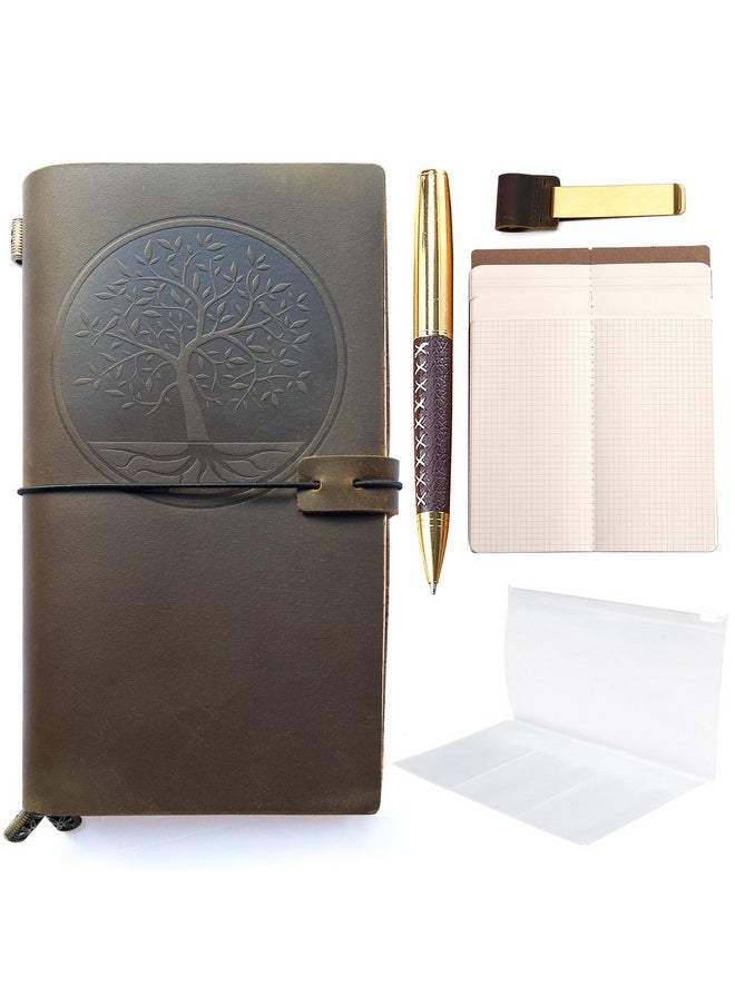 Sovereign-Gear Leather Refillable Journal, Travelers Notebook For Men And Women, Handmade Gift Set With Tree Of Life Embossed Journal And Stylish Pen, Sketchbook, Travel Diary And More (5 Inserts) (8.5X4.5")  - Image 1