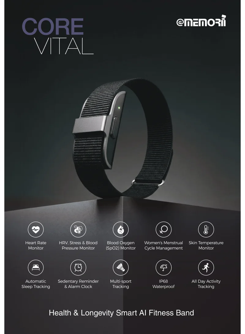 ميموري Core Vital Memorii Smart AI Fitness Band – Health & Longevity Tracker with Heart Rate, SpO2, HRV, Blood Pressure, Sleep Monitor, Stress Tracking, Multi-Sport Modes, IP67 Waterproof, No Subscription – Black