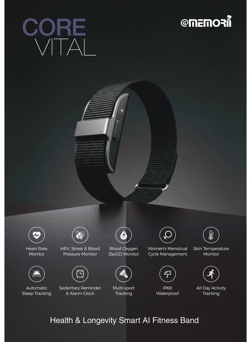 Memorii سوار لياقة بدنية ذكي Core Vital Memorii AI – جهاز تتبع الصحة وطول العمر مع معدل ضربات القلب، SpO2، HRV، ضغط الدم، مراقبة النوم، تتبع الإجهاد، أوضاع رياضية متعددة، مقاوم للماء IP67، بدون اشتراك – أسود - Image 2