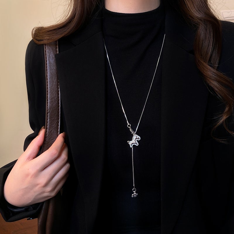 Silver Pony Pendant Adjustable Long Necklace for Women - 2025 New Trendy Sweater Chain, Elegant Luxury Accessory
