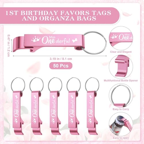 Maxcheck 50 Set First Birthday Party Favors for Adults Includes Onederful Bottle Opener Keychains 1st Birthday Favors Tags Organza Bags 1 Year Old Party Favor for Guests Return Gift(Pink,Miss.) - Image 2
