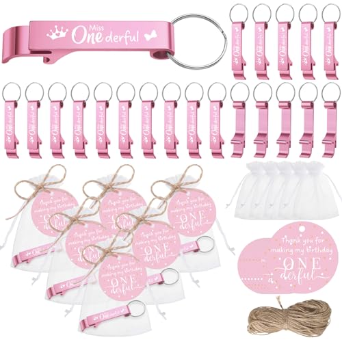 Maxcheck 50 Set First Birthday Party Favors for Adults Includes Onederful Bottle Opener Keychains 1st Birthday Favors Tags Organza Bags 1 Year Old Party Favor for Guests Return Gift(Pink,Miss.) - Image 1