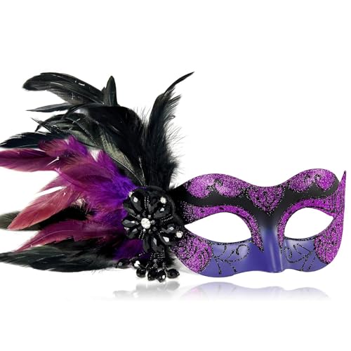 MYSEUNI 2025 New Masquerade Masks for Women Purple - Mardi Gras Mask for Women with Feathers - Womens Mascarade Venetian Mask for Masquerade Party, Halloween Ball, Cosplay Prom, Christmas - Image 1