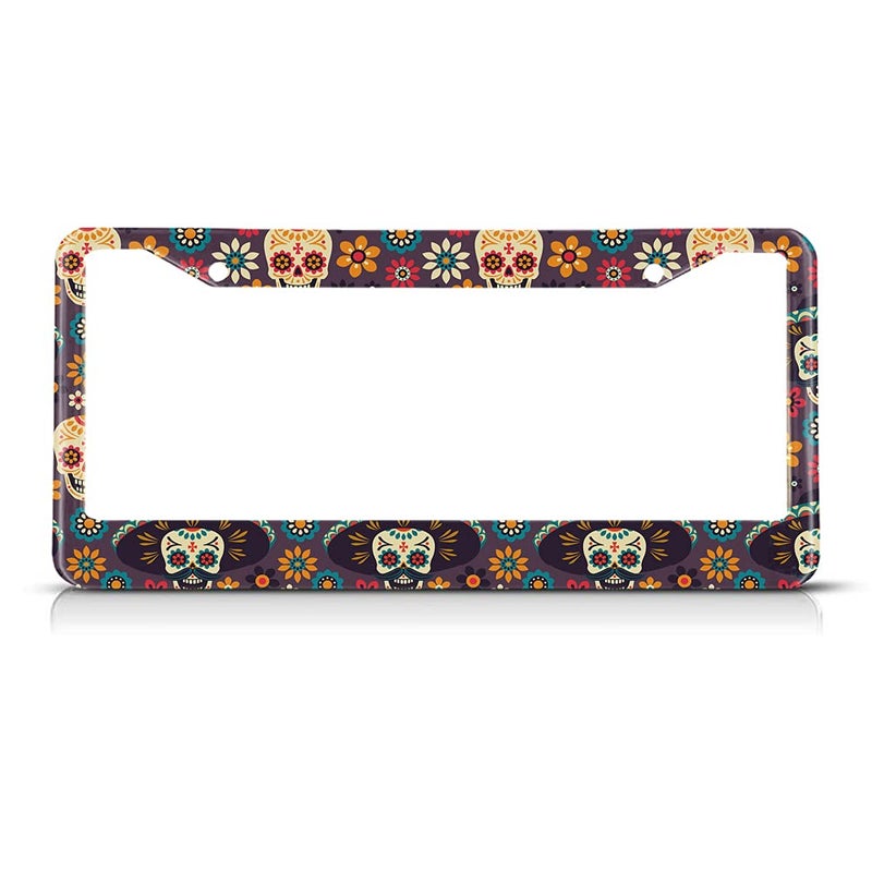 Beabes Sugar Skull and Flowers License Plate Frame Dead Skull Novelty License Plate Frame Gothic Pattern License Plate Car Tag Holder Metal License Plate Frame for US Vehicles Standard - Image 1