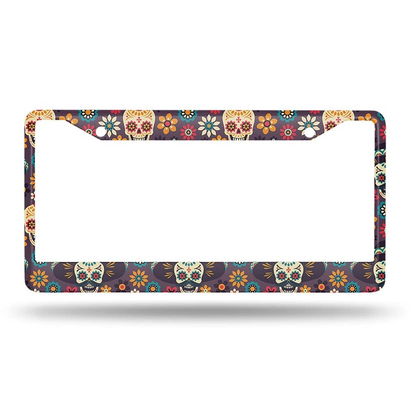 Beabes Sugar Skull and Flowers License Plate Frame Dead Skull Novelty License Plate Frame Gothic Pattern License Plate Car Tag Holder Metal License Plate Frame for US Vehicles Standard - Image 2