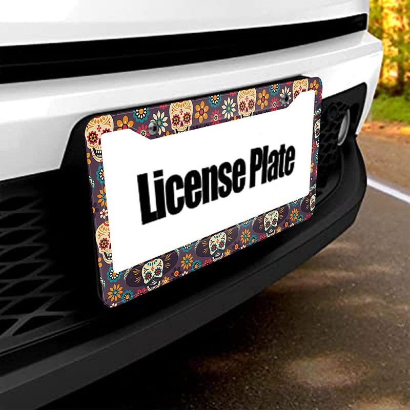 Beabes Sugar Skull and Flowers License Plate Frame Dead Skull Novelty License Plate Frame Gothic Pattern License Plate Car Tag Holder Metal License Plate Frame for US Vehicles Standard - Image 5