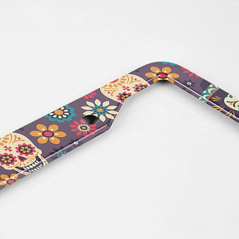 Beabes Sugar Skull and Flowers License Plate Frame Dead Skull Novelty License Plate Frame Gothic Pattern License Plate Car Tag Holder Metal License Plate Frame for US Vehicles Standard - Image 3